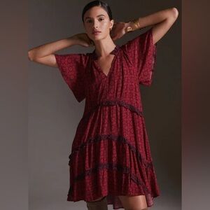 Anthropologie Robin Tiered Mini Dress Petite Red Floral